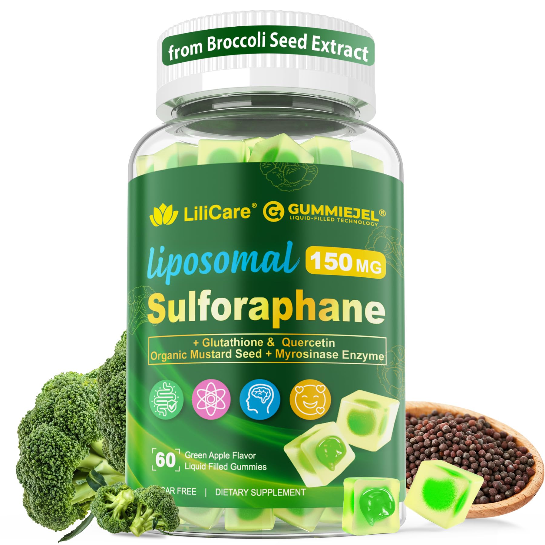 Liposomal Sulforaphane Supplement 150mg, from Broccoli Seed Extract w/Myrosinase, Quercetin, Glutathione, Sulforaphane Supplement Gummies for Antioxidants Detox Cellular Brain Health, Chewable 60Cts - dailyvitalstore