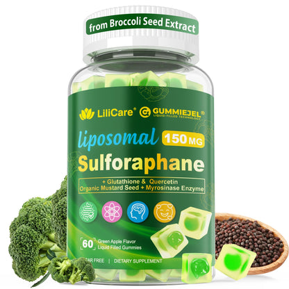 Liposomal Sulforaphane Supplement 150mg, from Broccoli Seed Extract w/Myrosinase, Quercetin, Glutathione, Sulforaphane Supplement Gummies for Antioxidants Detox Cellular Brain Health, Chewable 60Cts - dailyvitalstore
