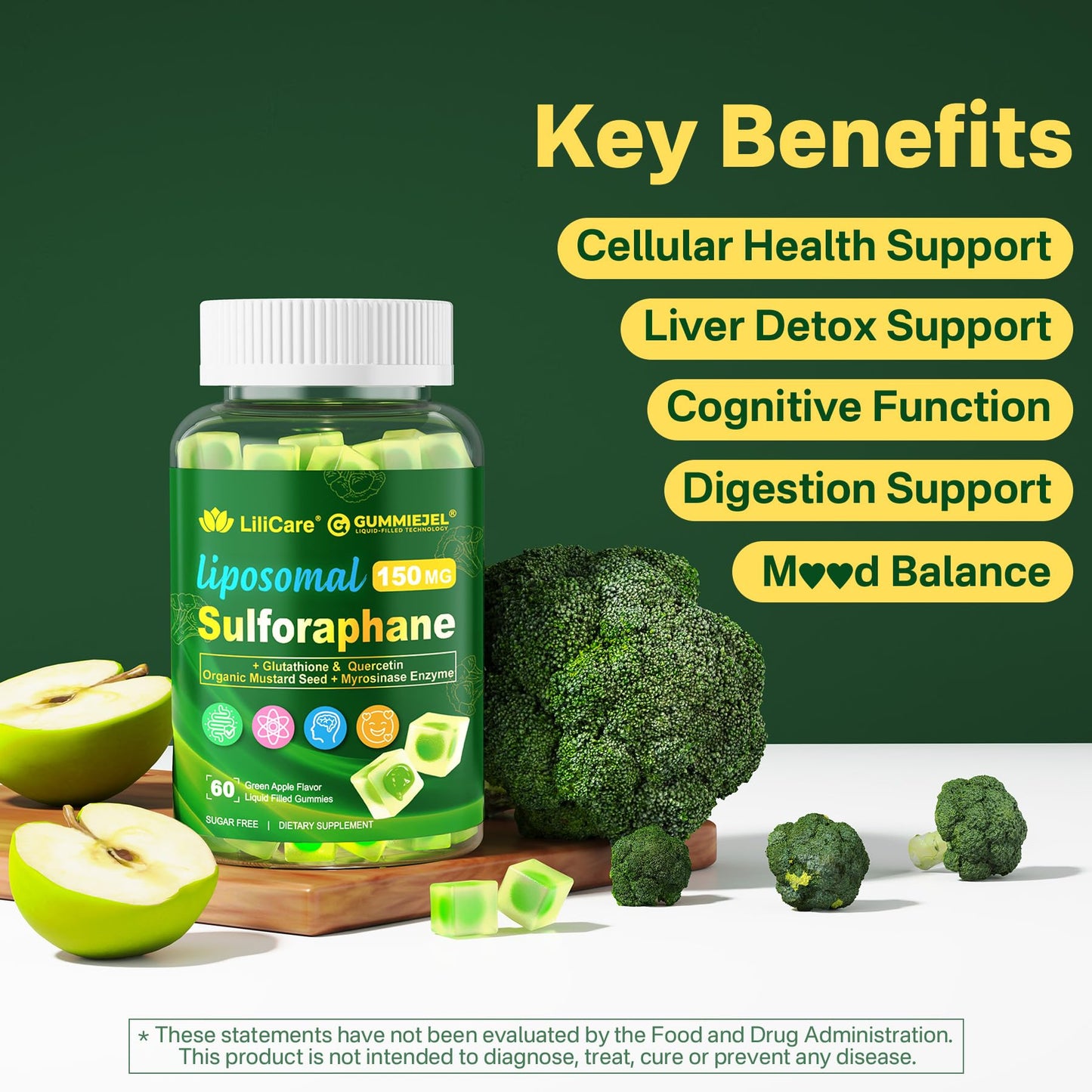 Liposomal Sulforaphane Supplement 150mg, from Broccoli Seed Extract w/Myrosinase, Quercetin, Glutathione, Sulforaphane Supplement Gummies for Antioxidants Detox Cellular Brain Health, Chewable 60Cts - dailyvitalstore