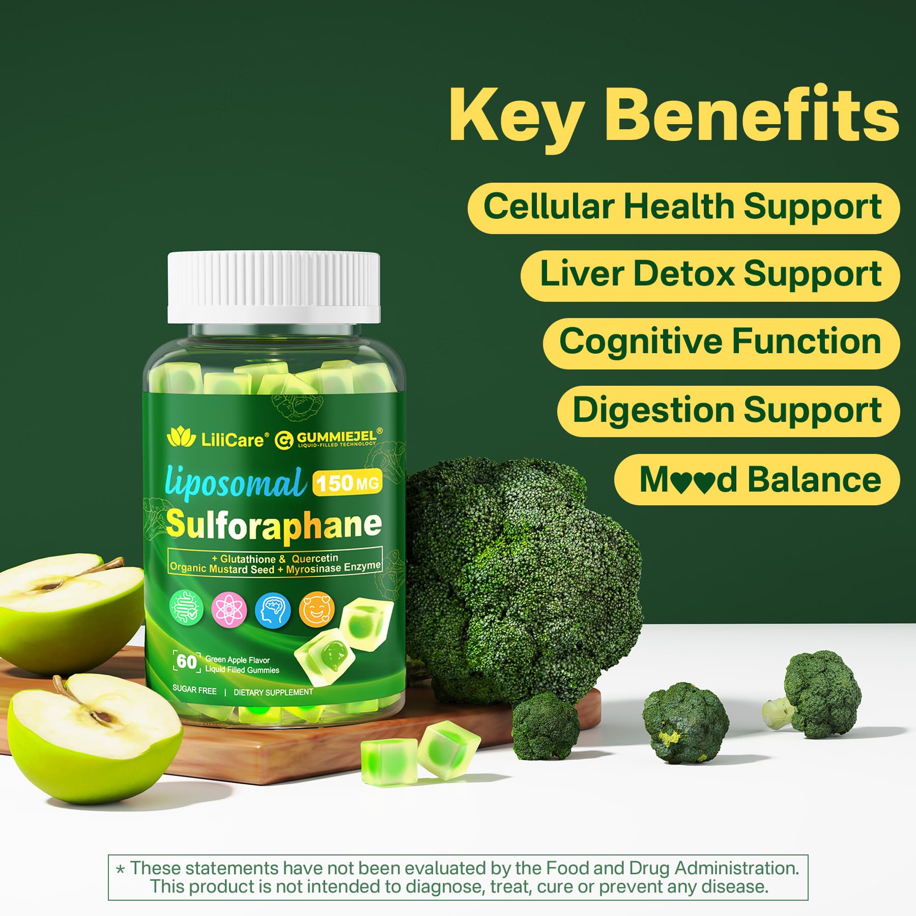 Liposomal Sulforaphane Supplement 150mg, from Broccoli Seed Extract w/Myrosinase, Quercetin, Glutathione, Sulforaphane Supplement Gummies for Antioxidants Detox Cellular Brain Health, Chewable 60Cts - dailyvitalstore