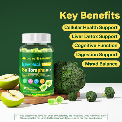 Liposomal Sulforaphane Supplement 150mg, from Broccoli Seed Extract w/Myrosinase, Quercetin, Glutathione, Sulforaphane Supplement Gummies for Antioxidants Detox Cellular Brain Health, Chewable 60Cts - dailyvitalstore