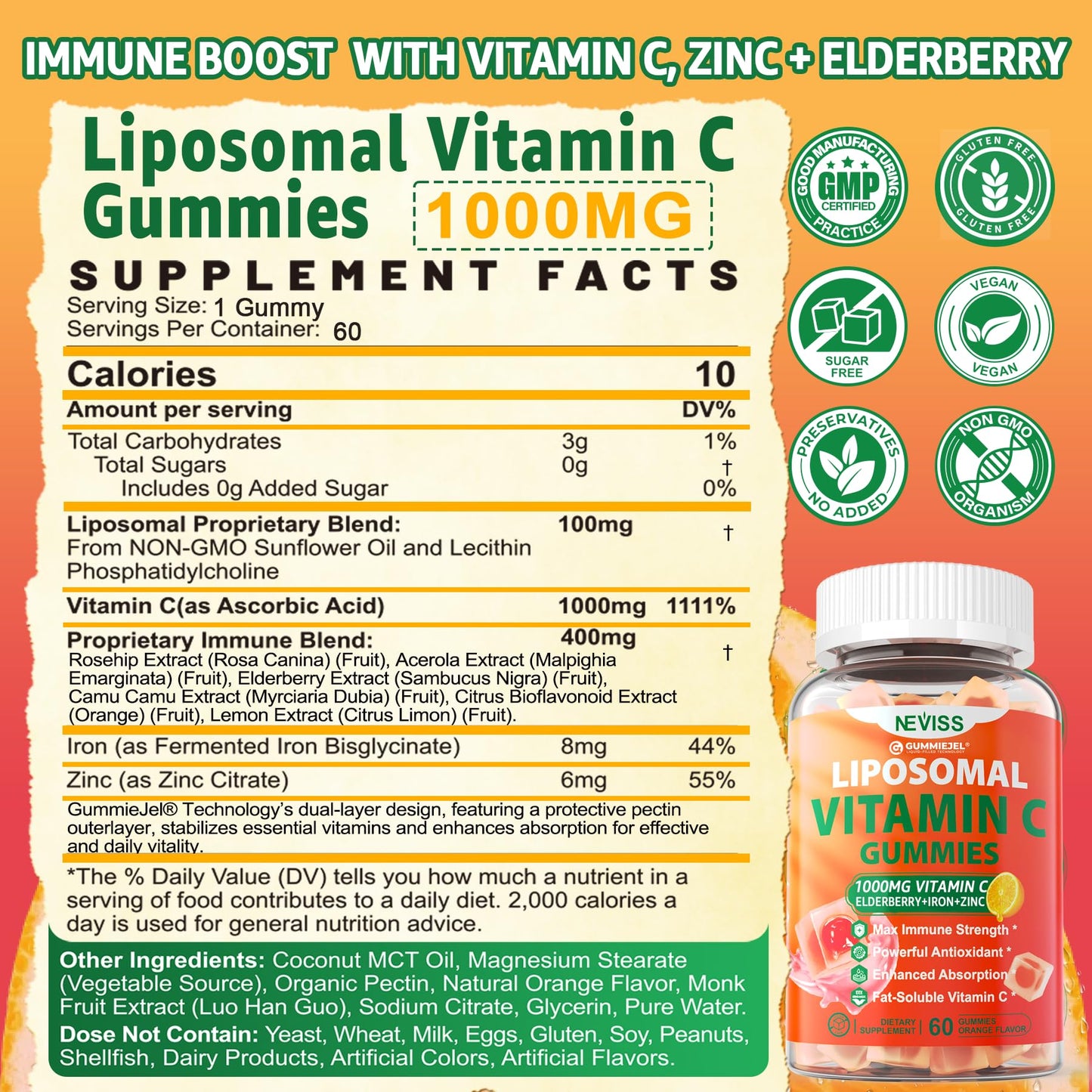 Liposomal Vitamin C 1000mg Gummies for Adults - Vitamin C Chewable with Elderberry, Zinc & 8mg Iron, Sugar Free Vit C Supplements, Daily Immune Support Gummies for Energy - dailyvitalstore