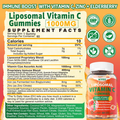 Liposomal Vitamin C 1000mg Gummies for Adults - Vitamin C Chewable with Elderberry, Zinc & 8mg Iron, Sugar Free Vit C Supplements, Daily Immune Support Gummies for Energy - dailyvitalstore