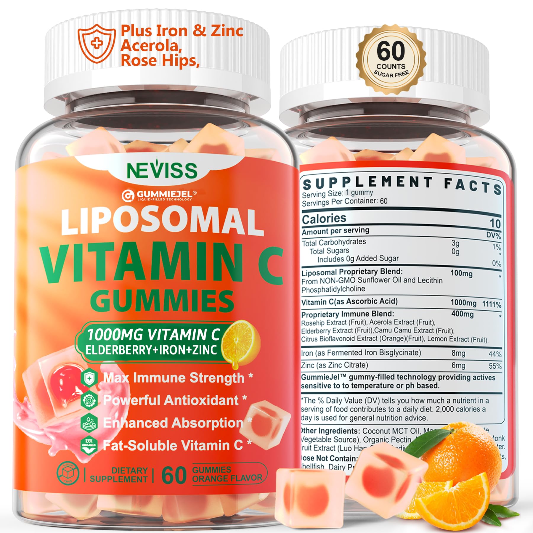 Liposomal Vitamin C 1000mg Gummies for Adults - Vitamin C Chewable with Elderberry, Zinc & 8mg Iron, Sugar Free Vit C Supplements, Daily Immune Support Gummies for Energy - dailyvitalstore