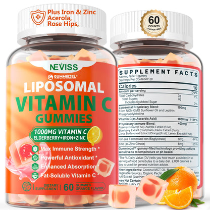 Liposomal Vitamin C 1000mg Gummies for Adults - Vitamin C Chewable with Elderberry, Zinc & 8mg Iron, Sugar Free Vit C Supplements, Daily Immune Support Gummies for Energy - dailyvitalstore