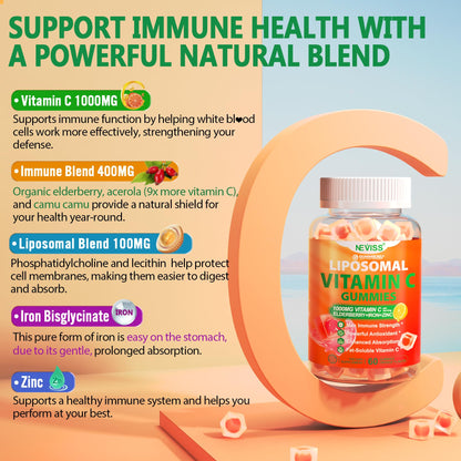 Liposomal Vitamin C 1000mg Gummies for Adults - Vitamin C Chewable with Elderberry, Zinc & 8mg Iron, Sugar Free Vit C Supplements, Daily Immune Support Gummies for Energy - dailyvitalstore