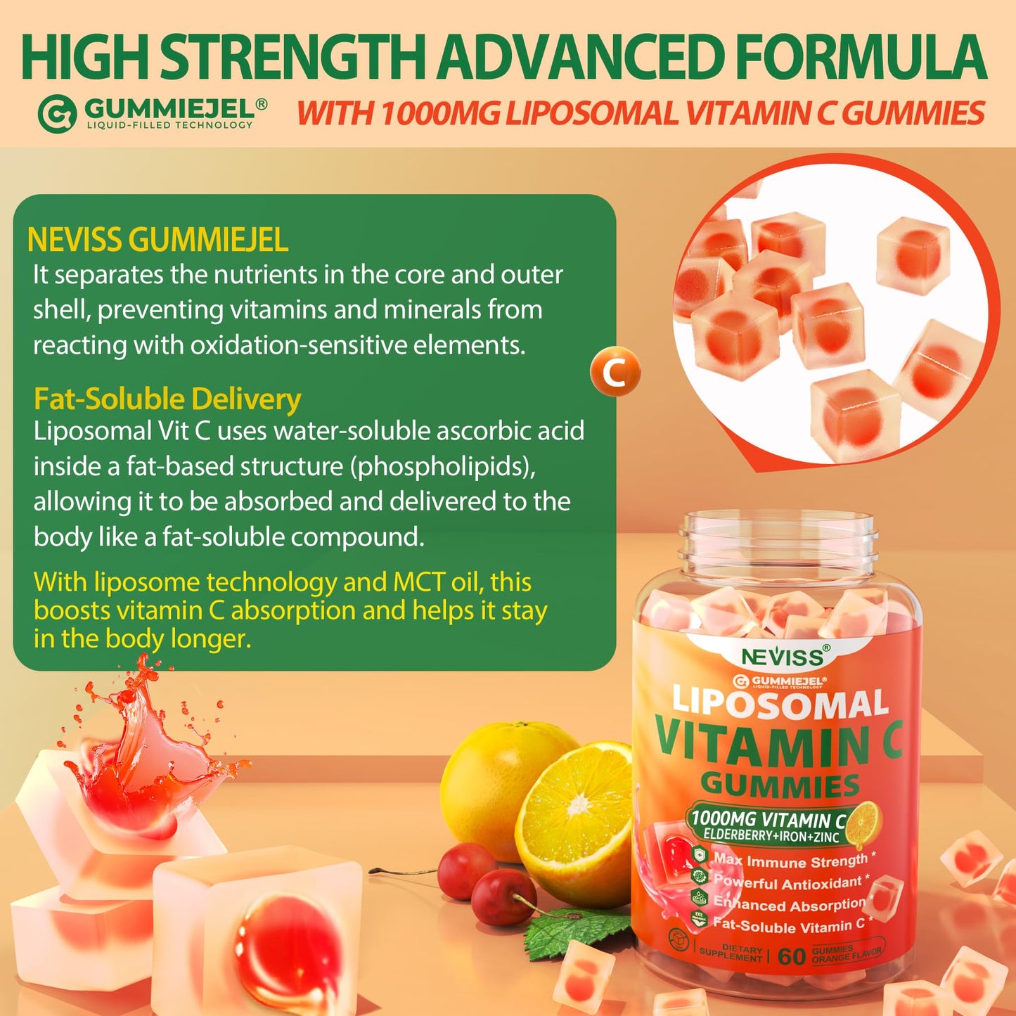 Liposomal Vitamin C 1000mg Gummies for Adults - Vitamin C Chewable with Elderberry, Zinc & 8mg Iron, Sugar Free Vit C Supplements, Daily Immune Support Gummies for Energy - dailyvitalstore