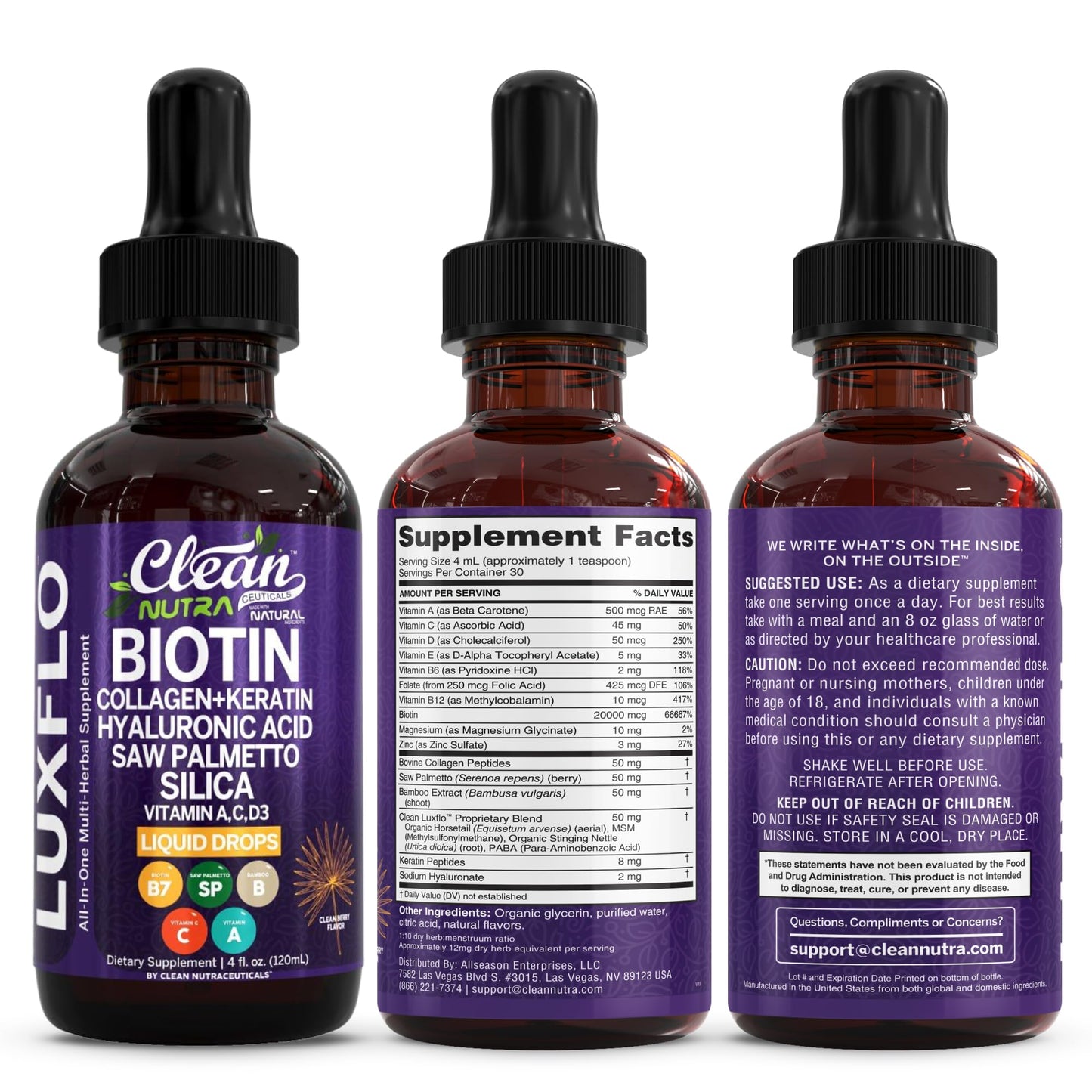 Liquid Biotin & Collagen Keratin Hyaluronic Acid Saw Palmetto Drops Vitamins for Hair Growth Support Silica Vitamin A C D Bamboo Turmeric Zinc Folate Magnesium Horsetail LuxFlo By Clean Nutra - dailyvitalstore