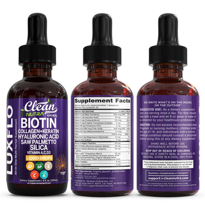 Liquid Biotin & Collagen Keratin Hyaluronic Acid Saw Palmetto Drops Vitamins for Hair Growth Support Silica Vitamin A C D Bamboo Turmeric Zinc Folate Magnesium Horsetail LuxFlo By Clean Nutra - dailyvitalstore