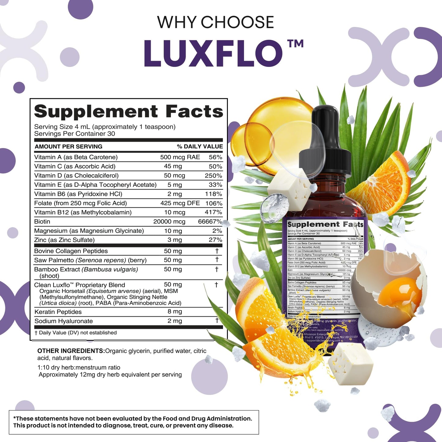 Liquid Biotin & Collagen Keratin Hyaluronic Acid Saw Palmetto Drops Vitamins for Hair Growth Support Silica Vitamin A C D Bamboo Turmeric Zinc Folate Magnesium Horsetail LuxFlo By Clean Nutra - dailyvitalstore