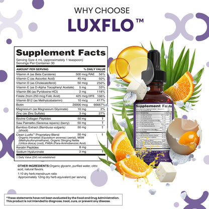 Liquid Biotin & Collagen Keratin Hyaluronic Acid Saw Palmetto Drops Vitamins for Hair Growth Support Silica Vitamin A C D Bamboo Turmeric Zinc Folate Magnesium Horsetail LuxFlo By Clean Nutra - dailyvitalstore
