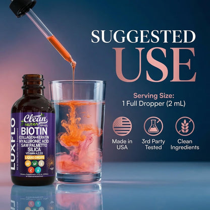 Liquid Biotin & Collagen Keratin Hyaluronic Acid Saw Palmetto Drops Vitamins for Hair Growth Support Silica Vitamin A C D Bamboo Turmeric Zinc Folate Magnesium Horsetail LuxFlo By Clean Nutra - dailyvitalstore