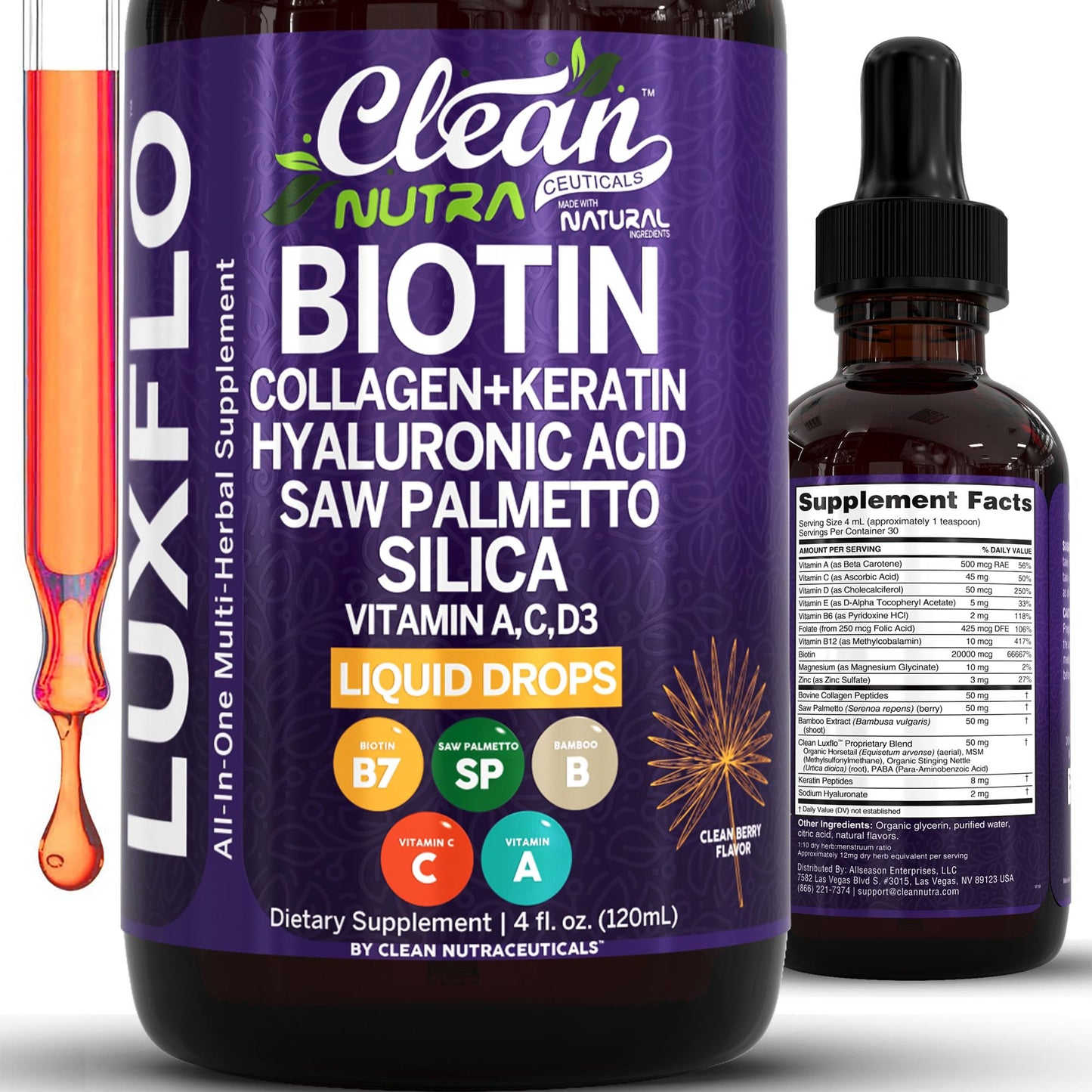 Liquid Biotin & Collagen Keratin Hyaluronic Acid Saw Palmetto Drops Vitamins for Hair Growth Support Silica Vitamin A C D Bamboo Turmeric Zinc Folate Magnesium Horsetail LuxFlo By Clean Nutra - dailyvitalstore