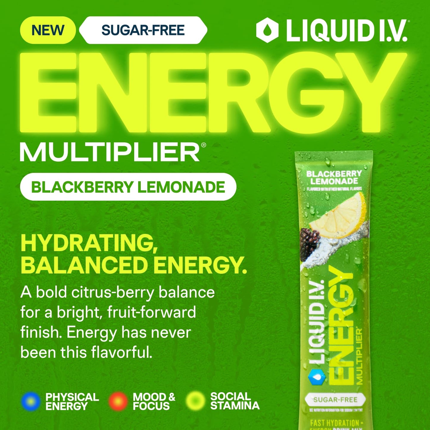 Liquid I.V.® Hydration Multiplier Sugar-Free + Energy - Blackberry Lemonade | Electrolyte Powder Drink Mix | 1 Pack (14 Servings) - dailyvitalstore