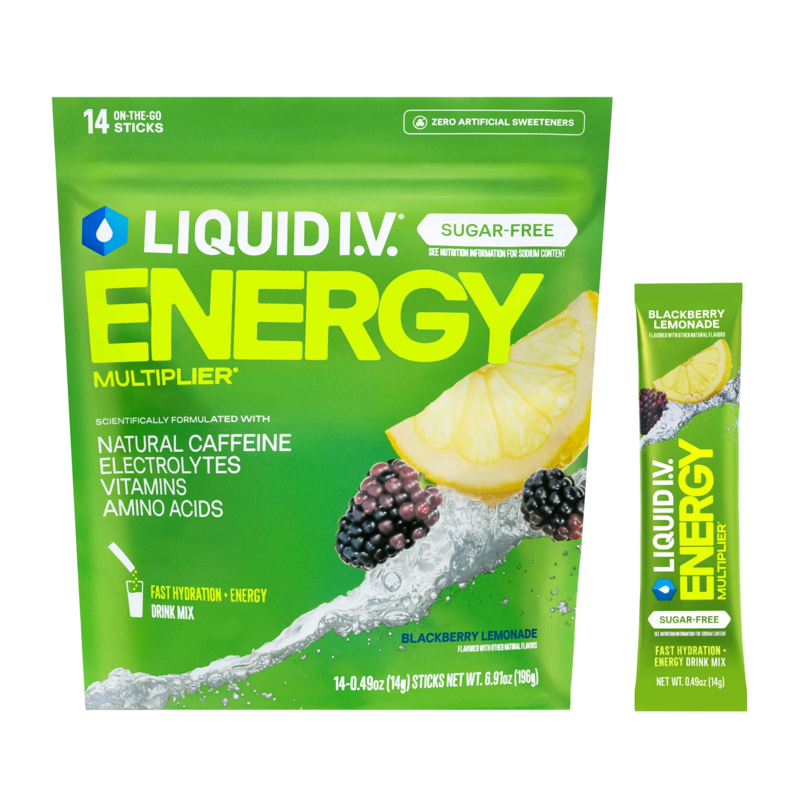 Liquid I.V.® Hydration Multiplier Sugar-Free + Energy - Blackberry Lemonade | Electrolyte Powder Drink Mix | 1 Pack (14 Servings) - dailyvitalstore