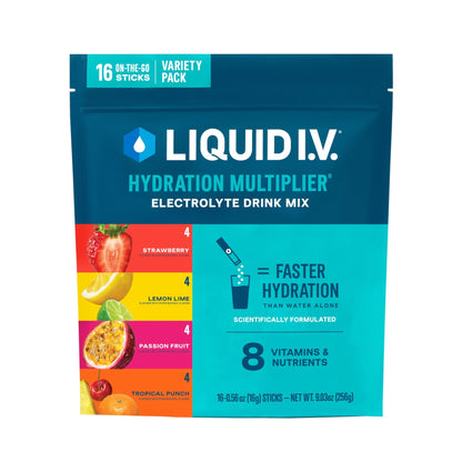 Liquid I.V.® Hydration Multiplier - Variety Pack - Lemon Lime, Passion Fruit, Strawberry, Tropical Punch | Electrolyte Powder Drink Mix | 1 Pack (16 Servings) - dailyvitalstore