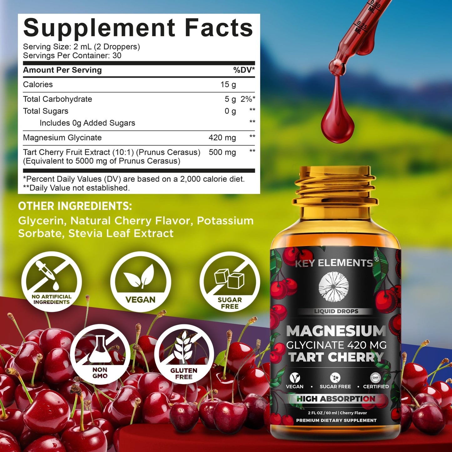 Liquid Magnesium Glycinate 420 Mg with Natural Tart Cherry Extract | Magnesium Glycinate Drops Supplement for Sleep, Mood & Mobility Support | Tart Cherry Extract - dailyvitalstore