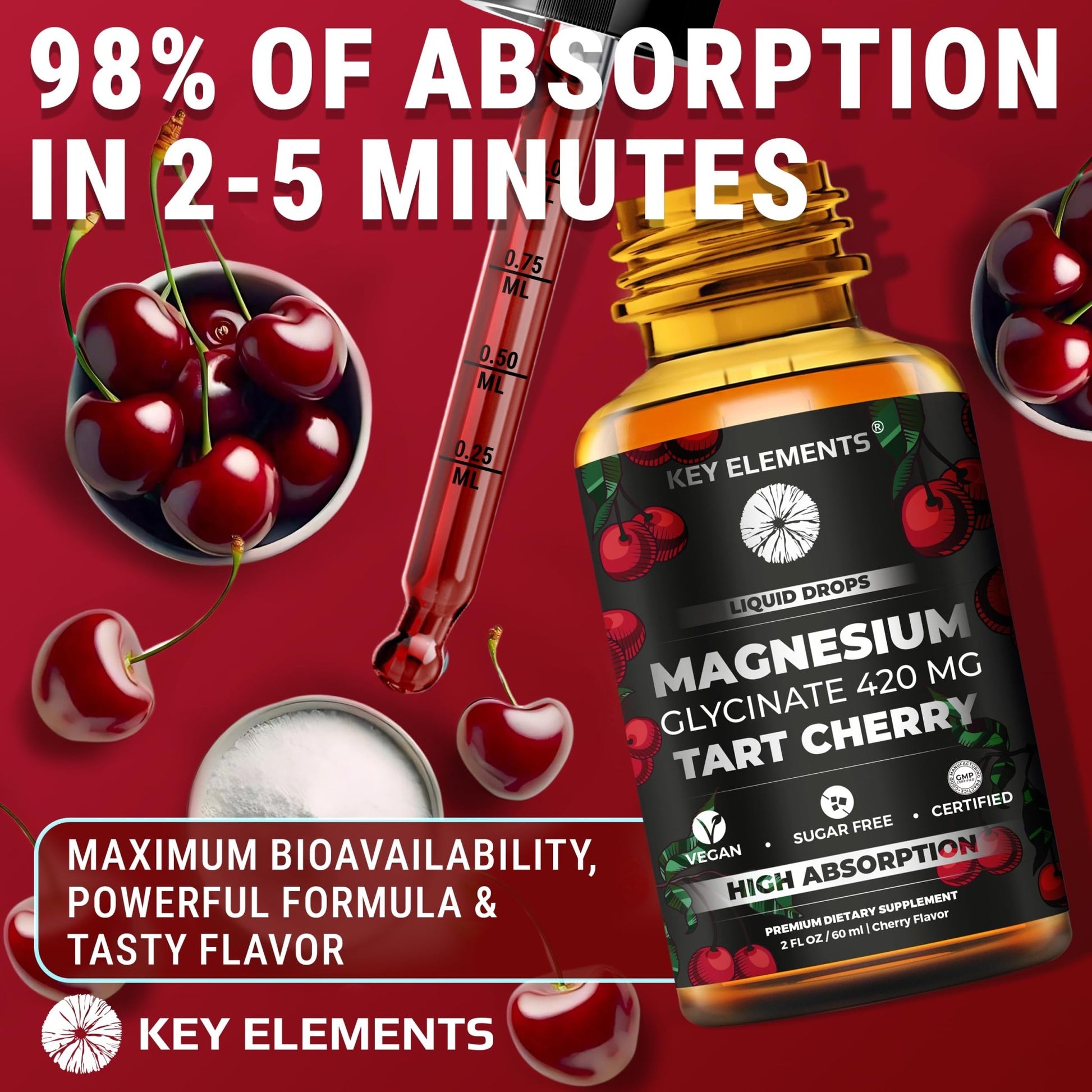 Liquid Magnesium Glycinate 420 Mg with Natural Tart Cherry Extract | Magnesium Glycinate Drops Supplement for Sleep, Mood & Mobility Support | Tart Cherry Extract - dailyvitalstore