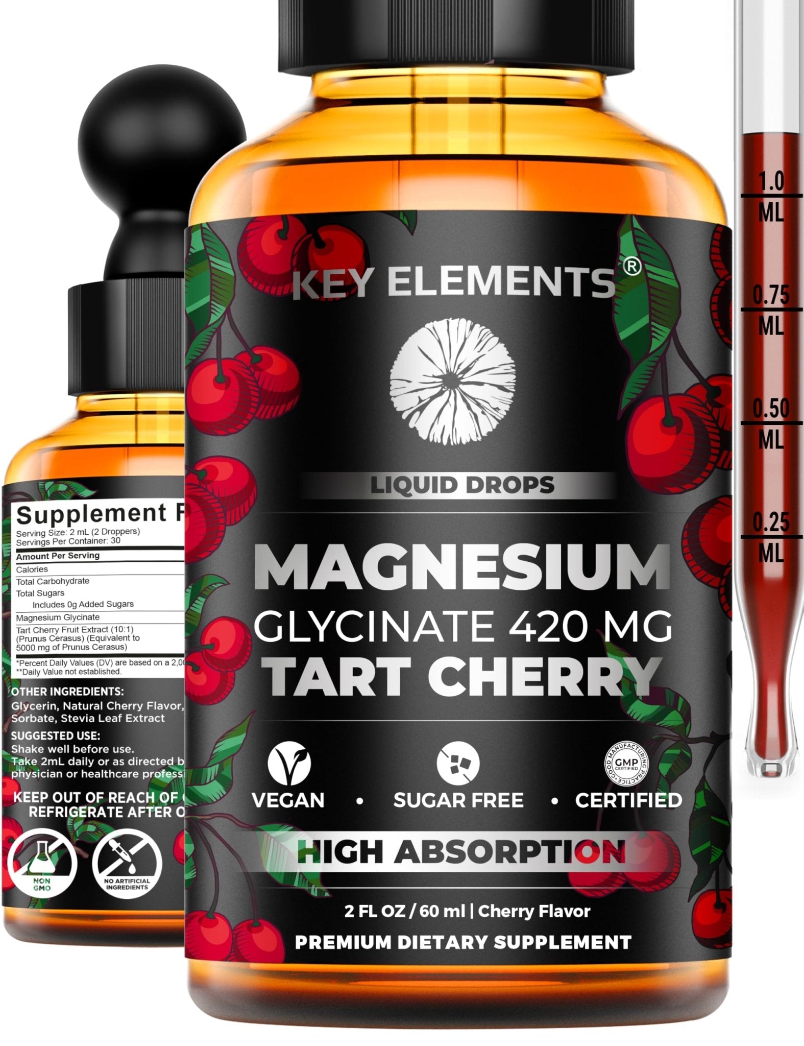 Liquid Magnesium Glycinate 420 Mg with Natural Tart Cherry Extract | Magnesium Glycinate Drops Supplement for Sleep, Mood & Mobility Support | Tart Cherry Extract - dailyvitalstore