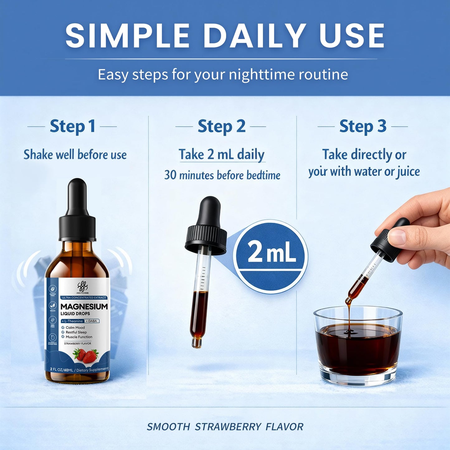Liquid Magnesium Glycinate Drops for Nighttime Sleep & Calm Support, Triple Chelated Magnesium Complex with L-Theanine & GABA, Pre-Dissolved Liquid for Gentle Absorption, Strawberry Flavor, 2 Fl Oz - dailyvitalstore