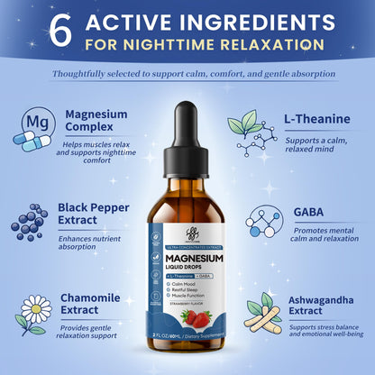 Liquid Magnesium Glycinate Drops for Nighttime Sleep & Calm Support, Triple Chelated Magnesium Complex with L-Theanine & GABA, Pre-Dissolved Liquid for Gentle Absorption, Strawberry Flavor, 2 Fl Oz - dailyvitalstore