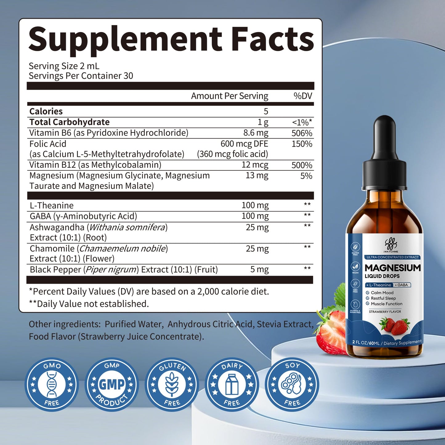 Liquid Magnesium Glycinate Drops for Nighttime Sleep & Calm Support, Triple Chelated Magnesium Complex with L-Theanine & GABA, Pre-Dissolved Liquid for Gentle Absorption, Strawberry Flavor, 2 Fl Oz - dailyvitalstore