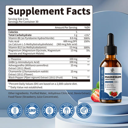 Liquid Magnesium Glycinate Drops for Nighttime Sleep & Calm Support, Triple Chelated Magnesium Complex with L-Theanine & GABA, Pre-Dissolved Liquid for Gentle Absorption, Strawberry Flavor, 2 Fl Oz - dailyvitalstore