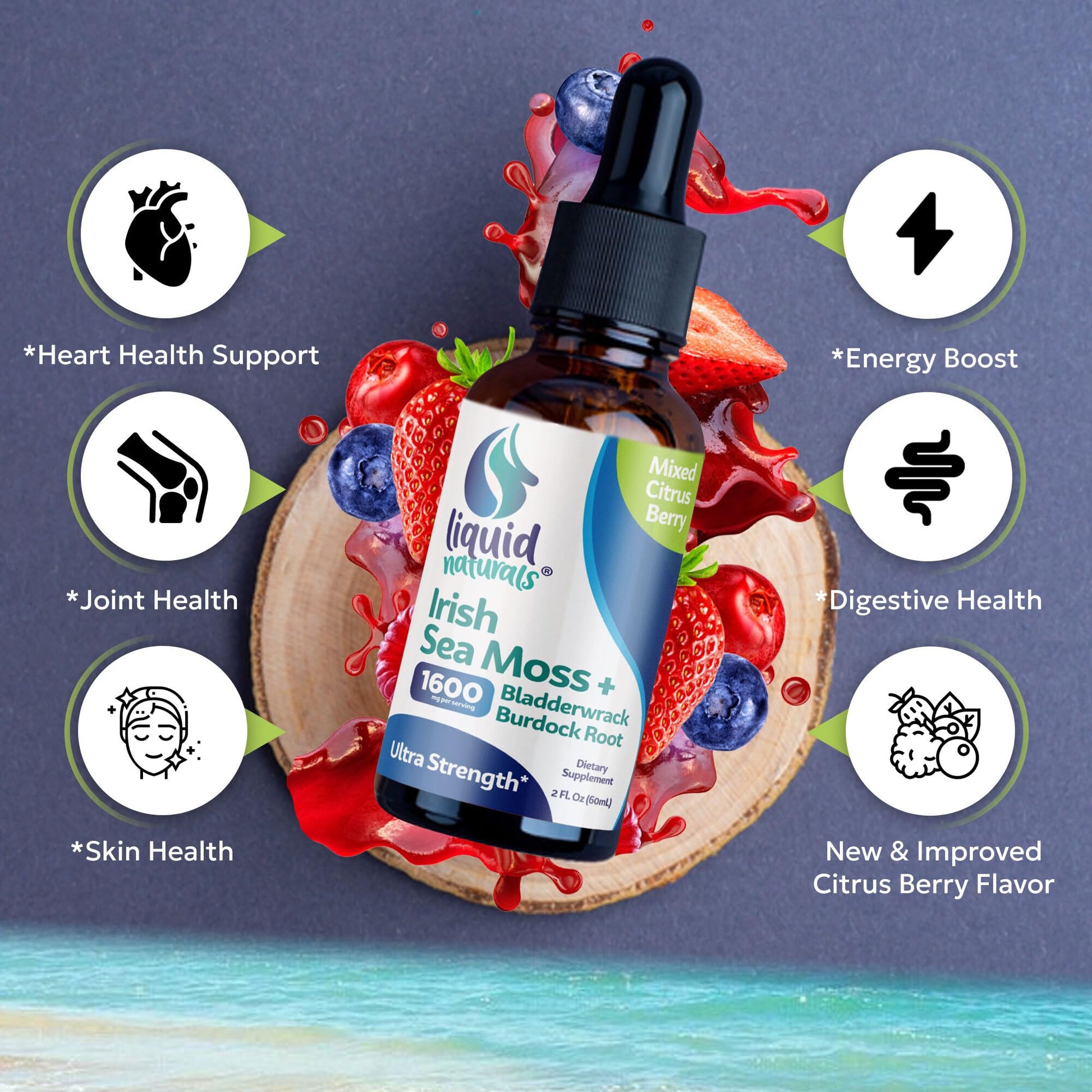 Liquid Naturals Irish Sea Moss Drops - Citrus Berry Flavor - 92+ Essential Minerals & Vitamins - Energy, Skin, Gut, Recovery - Bladderwrack and Burdock Root - 2 fl. oz - dailyvitalstore