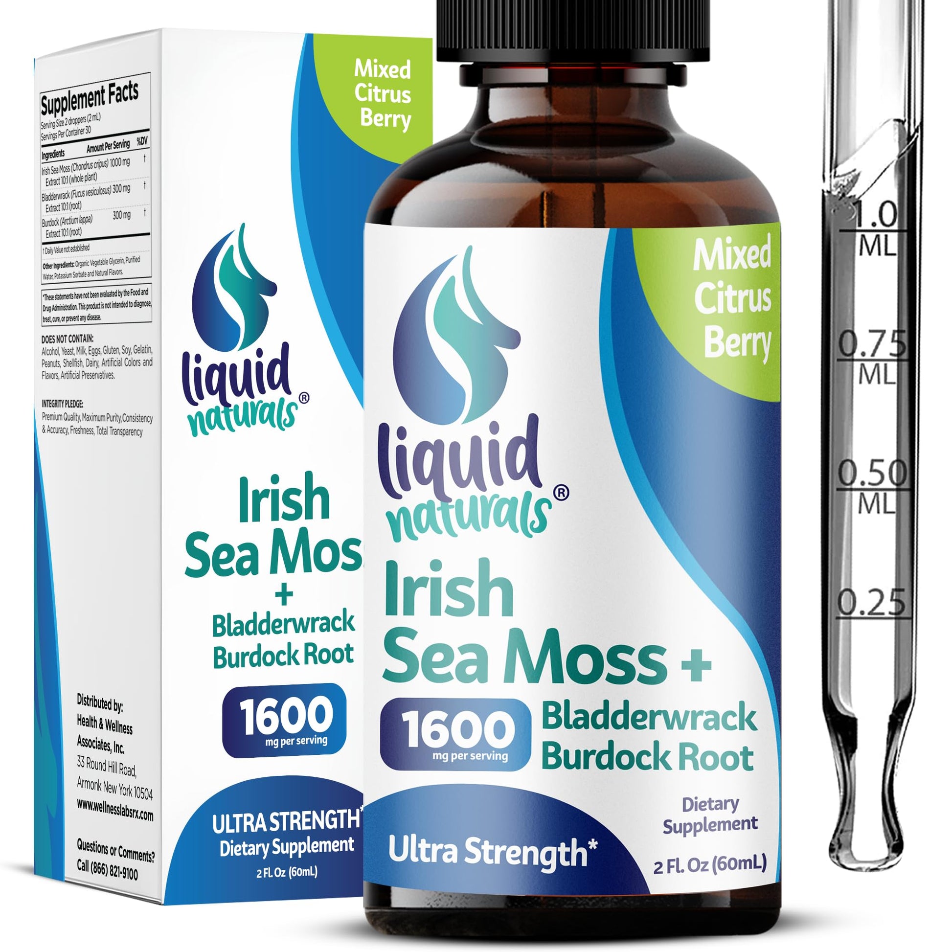 Liquid Naturals Irish Sea Moss Drops - Citrus Berry Flavor - 92+ Essential Minerals & Vitamins - Energy, Skin, Gut, Recovery - Bladderwrack and Burdock Root - 2 fl. oz - dailyvitalstore