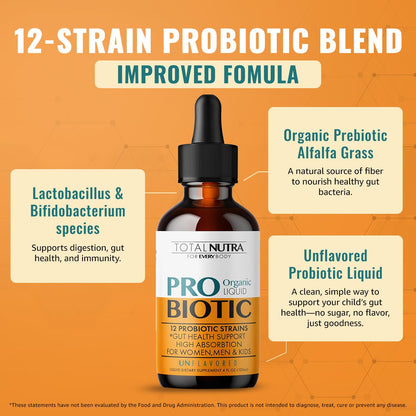Liquid Probiotic for Women, Men, Kids, Toddler Probiotic: USDA Organic Probiotics, Vegan Probiotic Liquid & Alfalfa Blend + Acidophilus for Gut Health, - dailyvitalstore