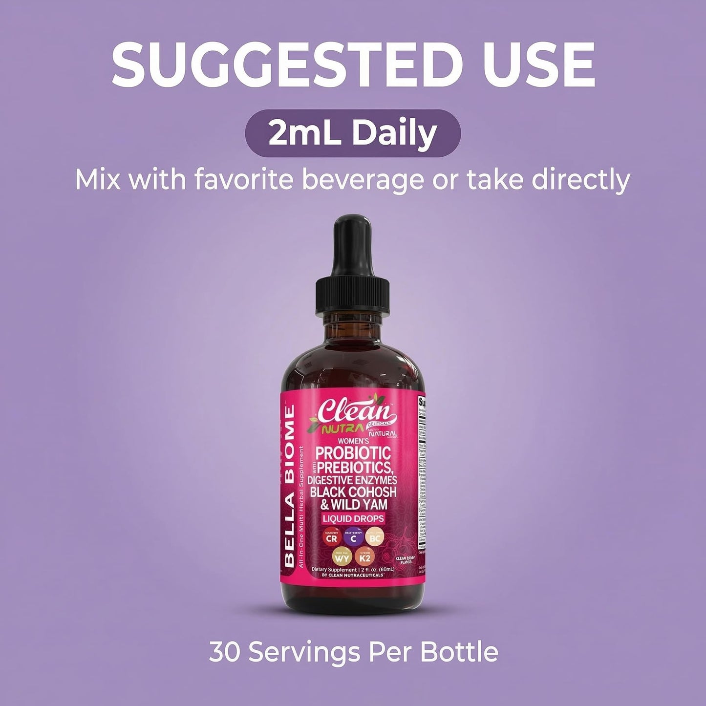 Liquid Probiotics for Women Drops with Chasteberry, Black Cohosh, Prebiotics, Digestive Enzymes, Evening Primrose Oil, Wild Yam, Cranberry Dmannose and Iron Vitamin D3 K2 Clean Nutra Bella Biotics - dailyvitalstore