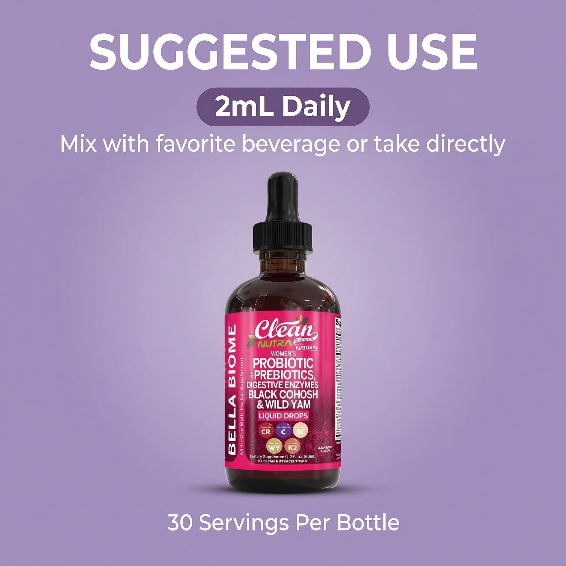 Liquid Probiotics for Women Drops with Chasteberry, Black Cohosh, Prebiotics, Digestive Enzymes, Evening Primrose Oil, Wild Yam, Cranberry Dmannose and Iron Vitamin D3 K2 Clean Nutra Bella Biotics - dailyvitalstore