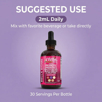 Liquid Probiotics for Women Drops with Chasteberry, Black Cohosh, Prebiotics, Digestive Enzymes, Evening Primrose Oil, Wild Yam, Cranberry Dmannose and Iron Vitamin D3 K2 Clean Nutra Bella Biotics - dailyvitalstore