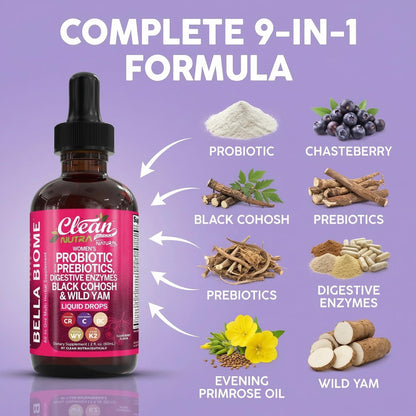Liquid Probiotics for Women Drops with Chasteberry, Black Cohosh, Prebiotics, Digestive Enzymes, Evening Primrose Oil, Wild Yam, Cranberry Dmannose and Iron Vitamin D3 K2 Clean Nutra Bella Biotics - dailyvitalstore
