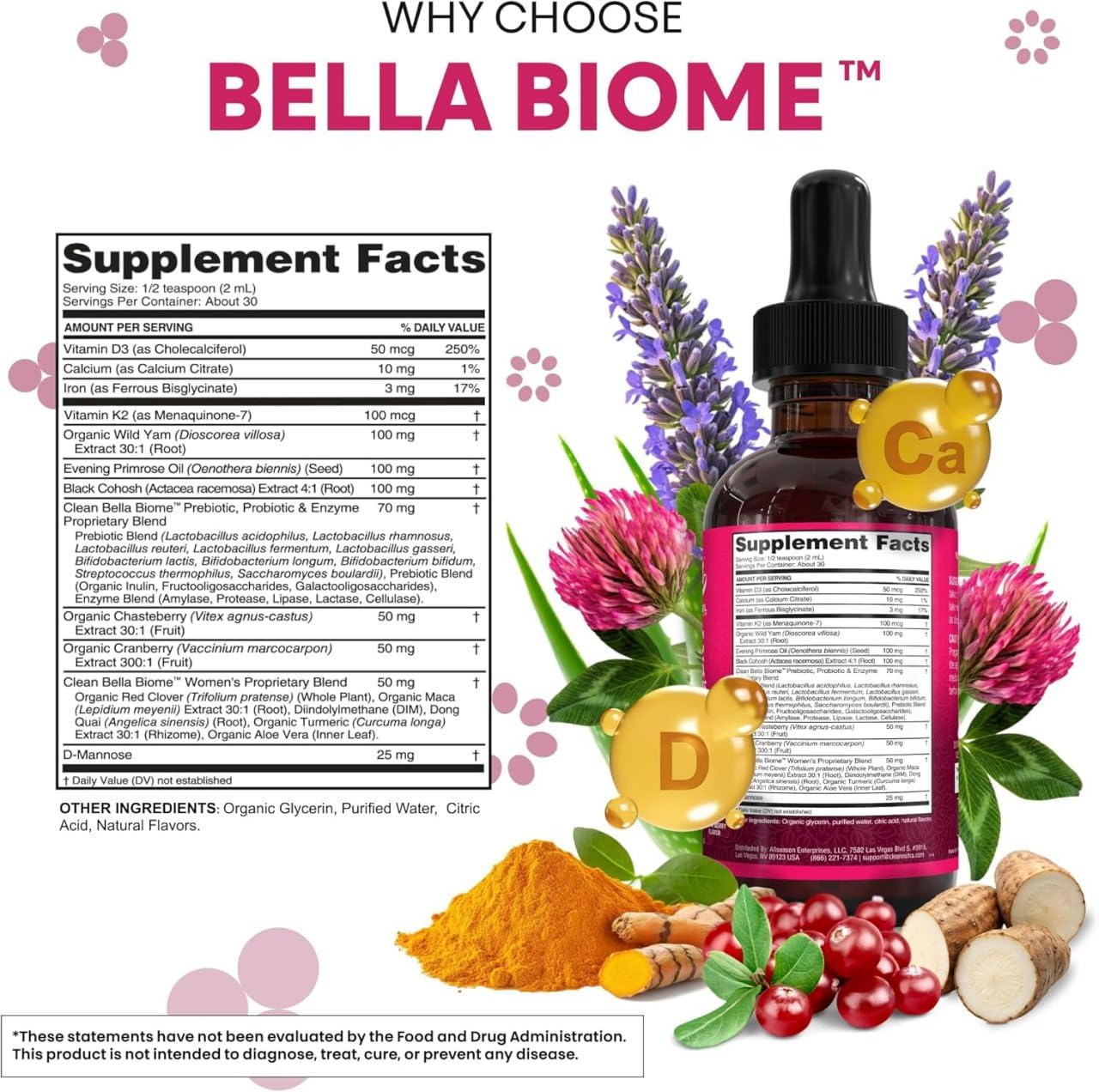 Liquid Probiotics for Women Drops with Chasteberry, Black Cohosh, Prebiotics, Digestive Enzymes, Evening Primrose Oil, Wild Yam, Cranberry Dmannose and Iron Vitamin D3 K2 Clean Nutra Bella Biotics - dailyvitalstore