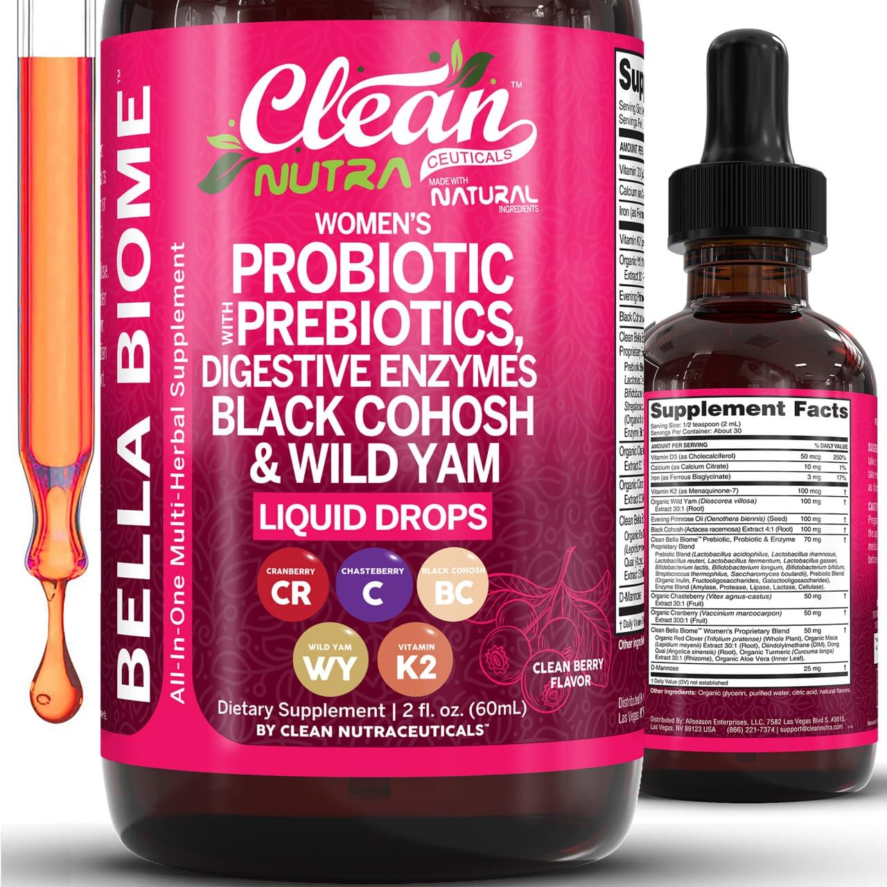 Liquid Probiotics for Women Drops with Chasteberry, Black Cohosh, Prebiotics, Digestive Enzymes, Evening Primrose Oil, Wild Yam, Cranberry Dmannose and Iron Vitamin D3 K2 Clean Nutra Bella Biotics - dailyvitalstore