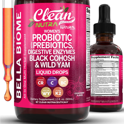 Liquid Probiotics for Women Drops with Chasteberry, Black Cohosh, Prebiotics, Digestive Enzymes, Evening Primrose Oil, Wild Yam, Cranberry Dmannose and Iron Vitamin D3 K2 Clean Nutra Bella Biotics - dailyvitalstore