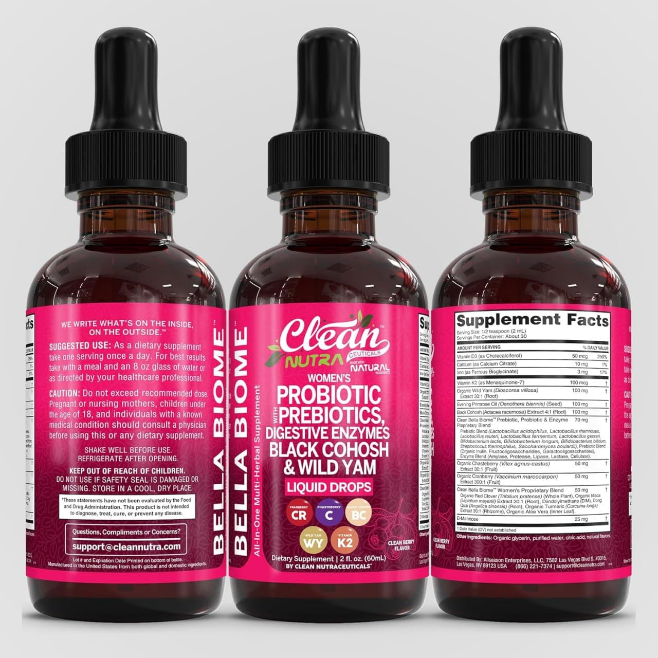 Liquid Probiotics for Women Drops with Chasteberry, Black Cohosh, Prebiotics, Digestive Enzymes, Evening Primrose Oil, Wild Yam, Cranberry Dmannose and Iron Vitamin D3 K2 Clean Nutra Bella Biotics - dailyvitalstore