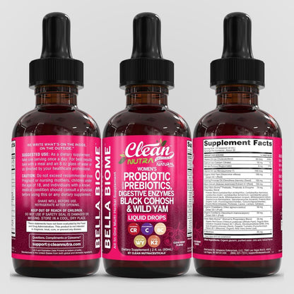 Liquid Probiotics for Women Drops with Chasteberry, Black Cohosh, Prebiotics, Digestive Enzymes, Evening Primrose Oil, Wild Yam, Cranberry Dmannose and Iron Vitamin D3 K2 Clean Nutra Bella Biotics - dailyvitalstore