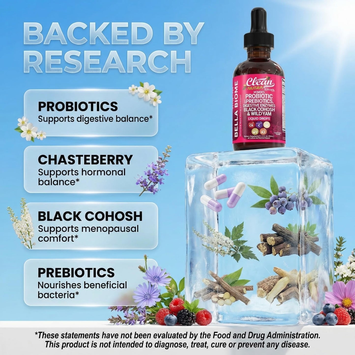 Liquid Probiotics for Women Drops with Chasteberry, Black Cohosh, Prebiotics, Digestive Enzymes, Evening Primrose Oil, Wild Yam, Cranberry Dmannose and Iron Vitamin D3 K2 Clean Nutra Bella Biotics - dailyvitalstore