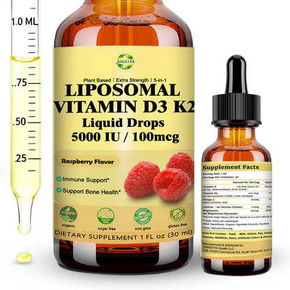 Liquid Vitamin D3 K2 Drops with Calcium Magnesium Omega3, High Potency 5-in-1 D3 K2 Vitamin 5000 IU Supplement for Bone Health, Heart Teeth & Immue, Ultra High Absorption Liposomal D3K2 Plant-Based - dailyvitalstore