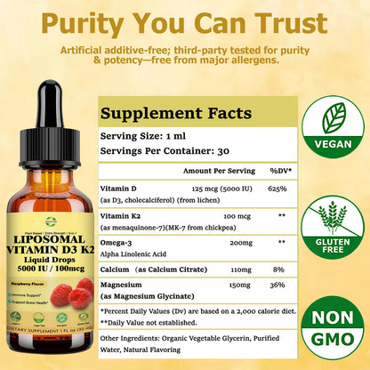 Liquid Vitamin D3 K2 Drops with Calcium Magnesium Omega3, High Potency 5-in-1 D3 K2 Vitamin 5000 IU Supplement for Bone Health, Heart Teeth & Immue, Ultra High Absorption Liposomal D3K2 Plant-Based - dailyvitalstore