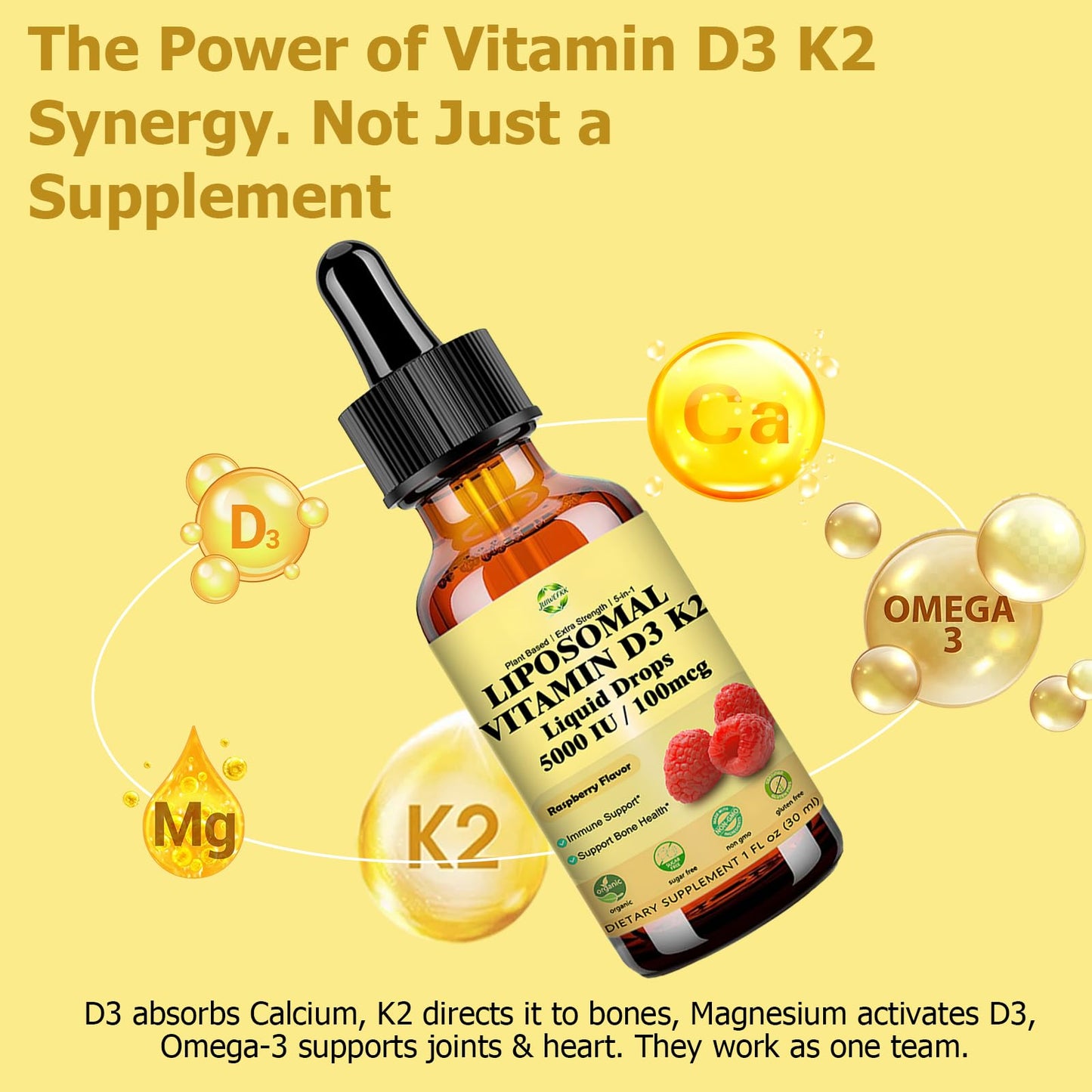 Liquid Vitamin D3 K2 Drops with Calcium Magnesium Omega3, High Potency 5-in-1 D3 K2 Vitamin 5000 IU Supplement for Bone Health, Heart Teeth & Immue, Ultra High Absorption Liposomal D3K2 Plant-Based - dailyvitalstore