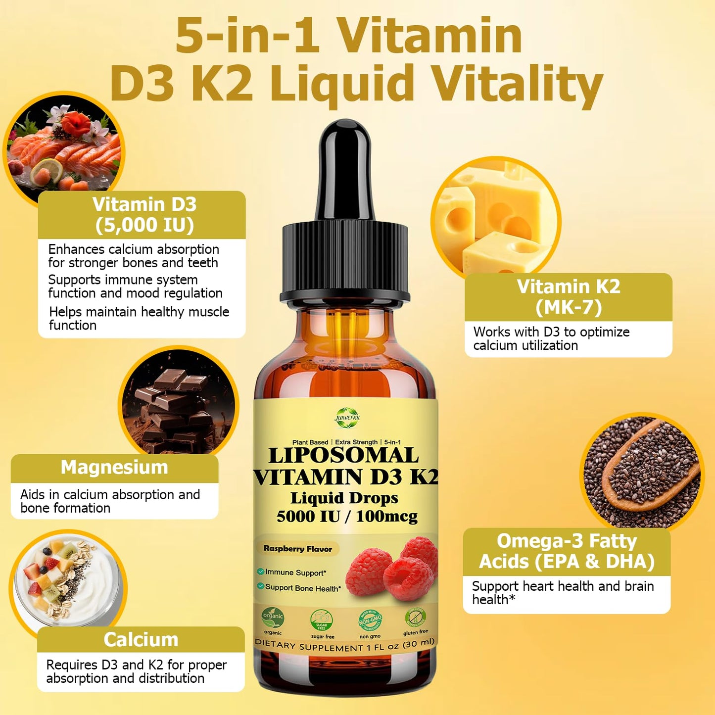 Liquid Vitamin D3 K2 Drops with Calcium Magnesium Omega3, High Potency 5-in-1 D3 K2 Vitamin 5000 IU Supplement for Bone Health, Heart Teeth & Immue, Ultra High Absorption Liposomal D3K2 Plant-Based - dailyvitalstore