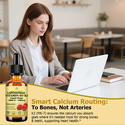 Liquid Vitamin D3 K2 Drops with Calcium Magnesium Omega3, High Potency 5-in-1 D3 K2 Vitamin 5000 IU Supplement for Bone Health, Heart Teeth & Immue, Ultra High Absorption Liposomal D3K2 Plant-Based - dailyvitalstore