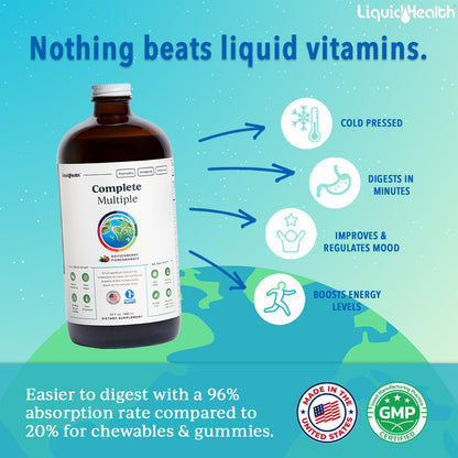 LIQUIDHEALTH Complete Multiple Adult Liquid Multivitamin - Essential Vitamins, Minerals & Nutrients, Immune Support, Gut Health, Energy, Detox - Made in USA, Vegan, Non-GMO, Sugar-Free (32 oz) - dailyvitalstore