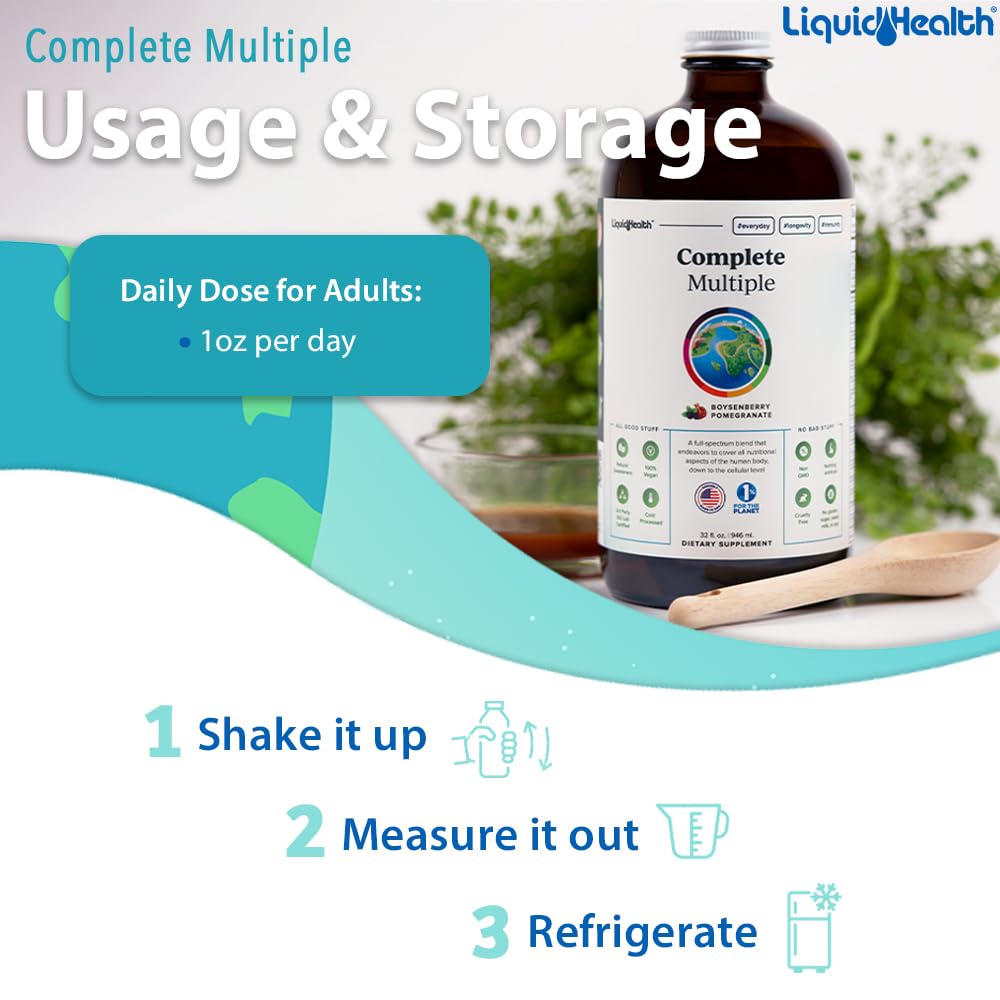 LIQUIDHEALTH Complete Multiple Adult Liquid Multivitamin - Essential Vitamins, Minerals & Nutrients, Immune Support, Gut Health, Energy, Detox - Made in USA, Vegan, Non-GMO, Sugar-Free (32 oz) - dailyvitalstore