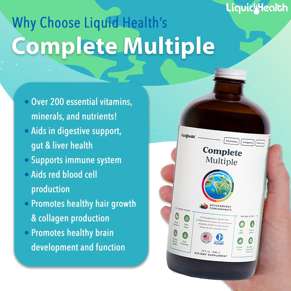 LIQUIDHEALTH Complete Multiple Adult Liquid Multivitamin - Essential Vitamins, Minerals & Nutrients, Immune Support, Gut Health, Energy, Detox - Made in USA, Vegan, Non-GMO, Sugar-Free (32 oz) - dailyvitalstore
