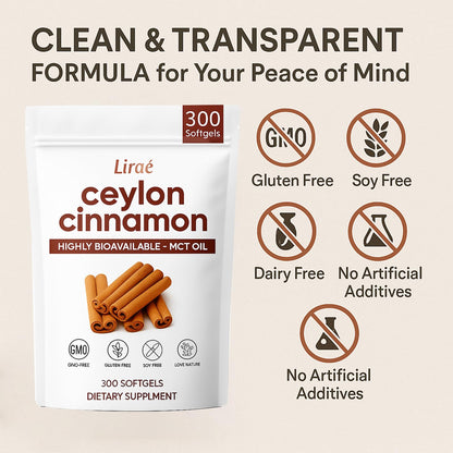 LIRAE Ceylon Cinnamon Softgels with MCT Oil – 300 Softgels – True Ceylon Cinnamon Supplement – Non-GMO, Gluten Free - dailyvitalstore