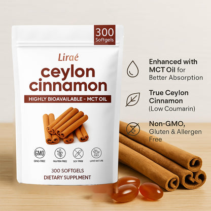 LIRAE Ceylon Cinnamon Softgels with MCT Oil – 300 Softgels – True Ceylon Cinnamon Supplement – Non-GMO, Gluten Free - dailyvitalstore